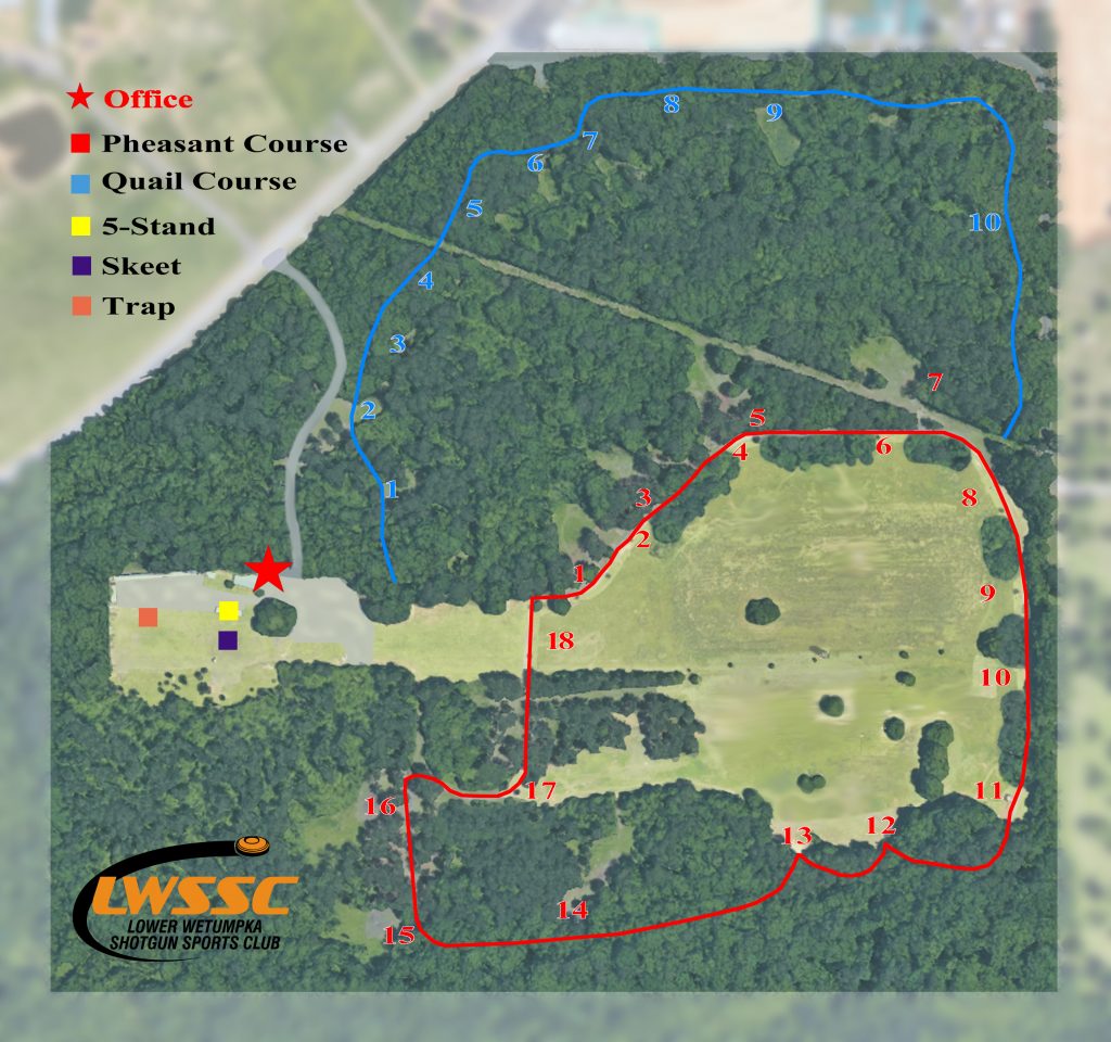 Map of Lower Wetumpka Shotgun Sports Club showing the Pheasant Course, Quail Course, 5-Stand, Skeet, Trap, and office